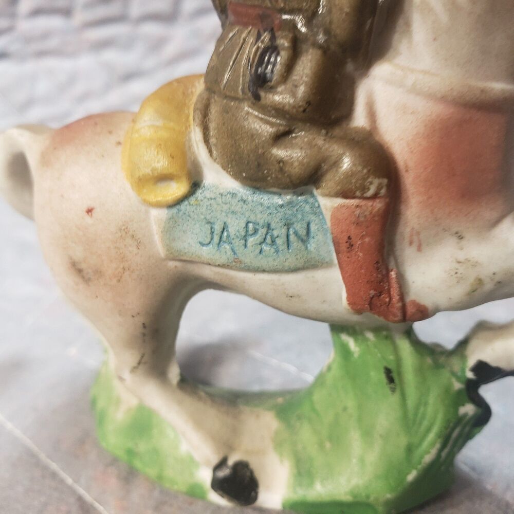 Vintage Made in Japan Bisque Cavalry Soldier Horse Figurine Military Decor 3.5"